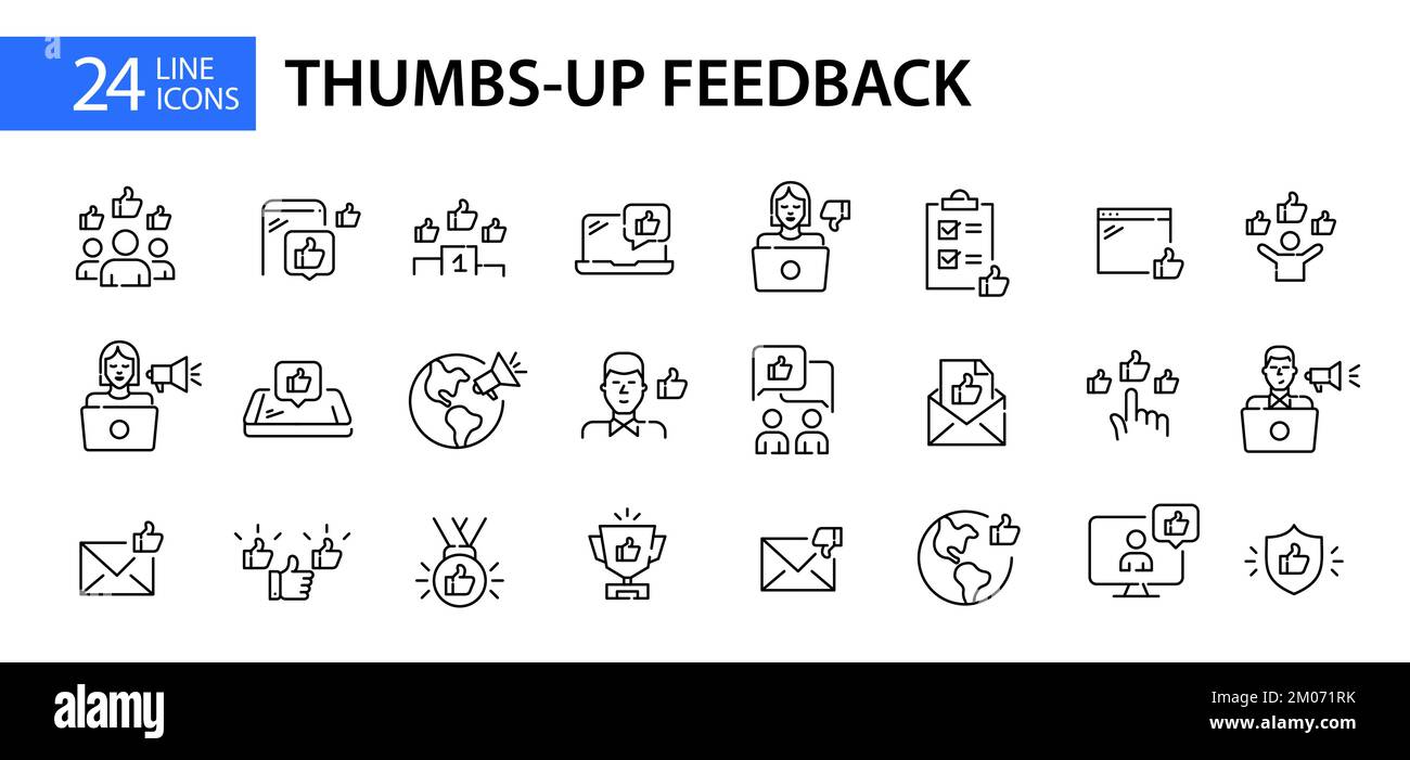 24 icone positive per il feedback dei clienti. I social media si addice a loro. Design della linea di tratto modificabile e perfetto per i pixel Illustrazione Vettoriale