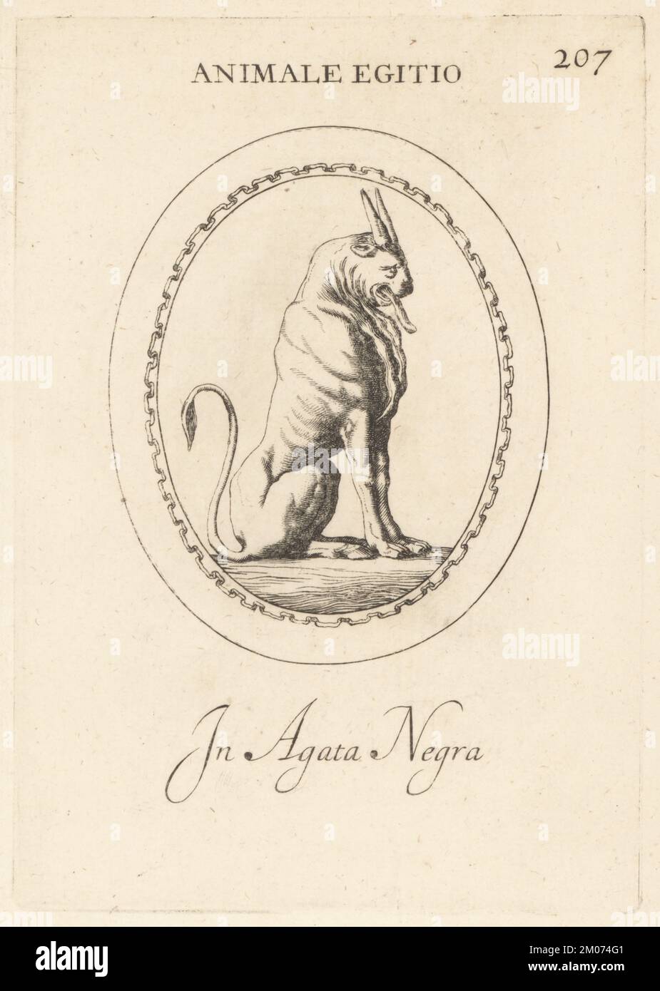 Chimera egiziana in agata nera. Un animale ibrido con parti di toro e leone. Il toro era il simbolo del dio egiziano API o Ptah, il leone Osiride. Anime egitio in agata nera. Incisione in copperplate di Giovanni Battista Galestruzzi dopo Leonardo Agostini da Gemmae et Sculpturae Antiquae Depicti ab Leonardo Augustino Senesi, Abraham Blooteling, Amsterdam, 1685. Foto Stock