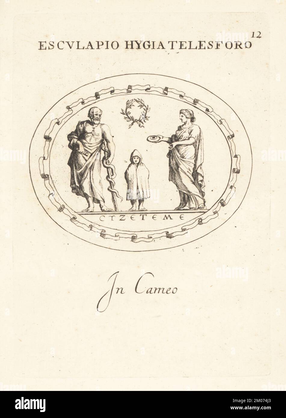 Asclepius, Igieia e Telesphorus, divinità greche della salute. Asclepio con bastone serpente, sua figlia Igieia dea dell'igiene, con il poculo e il nana incappucciati Telesphoro, dio del recupero. Con la leggenda Cyzete me, salvami. Esculapio Igia Telesforo. In cameo. Incisione in copperplate di Giovanni Battista Galestruzzi dopo Leonardo Agostini da Gemmae et Sculpturae Antiquae Depicti ab Leonardo Augustino Senesi, Abraham Blooteling, Amsterdam, 1685. Foto Stock