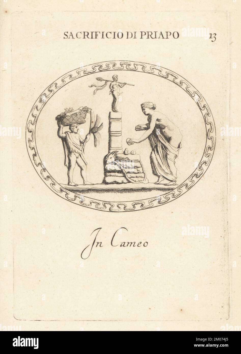Sacrificio ad una statua di Priapus Bacco con un tirso sulla spalla in cameo. Una donna e un ragazzo portano in un cesto offerte votive di mele d'argilla e falli. Fu adorato in questo modo in Lampsacus. Sacrificio di Priapo in cameo. Incisione in copperplate di Giovanni Battista Galestruzzi dopo Leonardo Agostini da Gemmae et Sculpturae Antiquae Depicti ab Leonardo Augustino Senesi, Abraham Blooteling, Amsterdam, 1685. Foto Stock