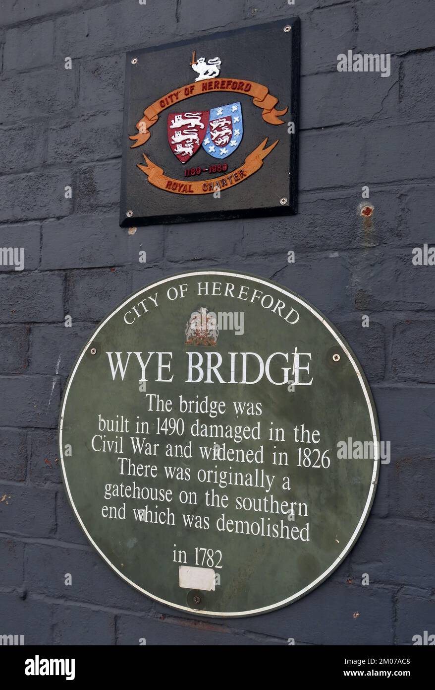 Città di Hereford, Wye Bridge targa, 1490, danneggiato nella guerra civile, Foto Stock