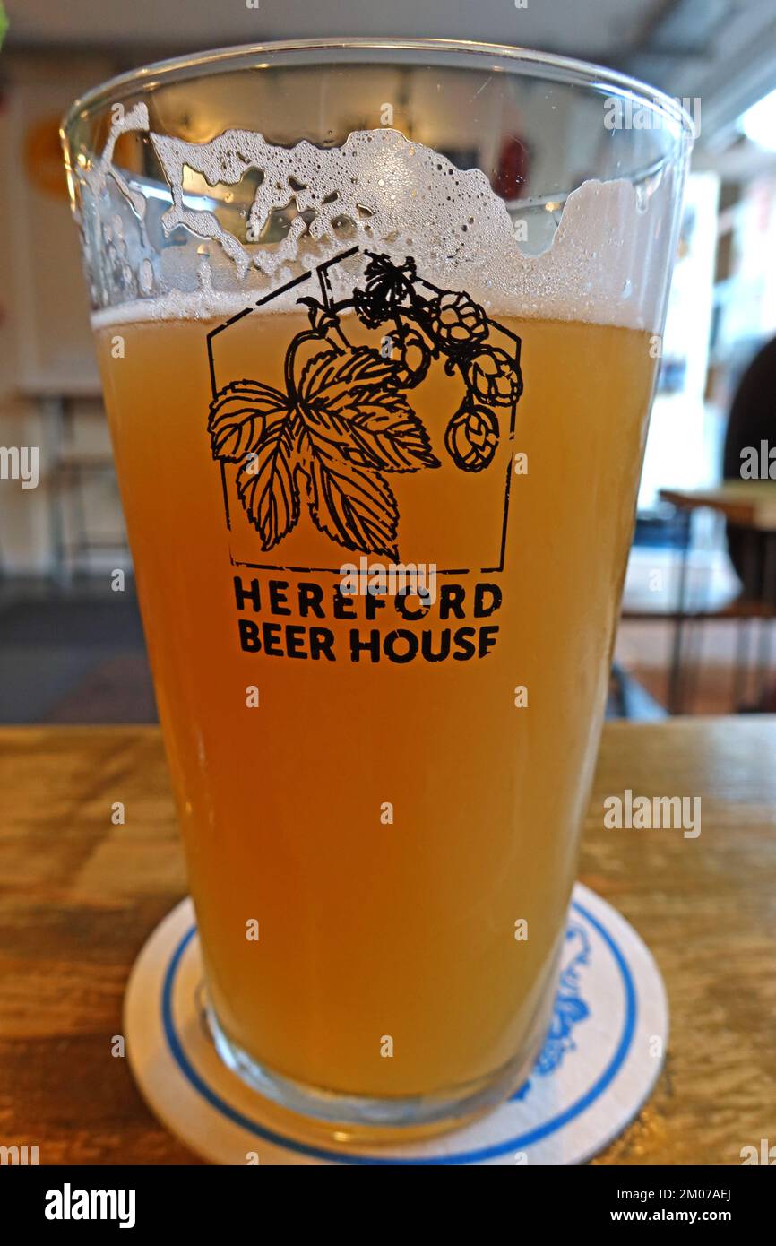 Bicchieri da pinta presso la birreria Hereford, Hereford Beer House 65 West Street Hereford, Inghilterra, Regno Unito, HR4 0BX - forte IPA nocciola Foto Stock