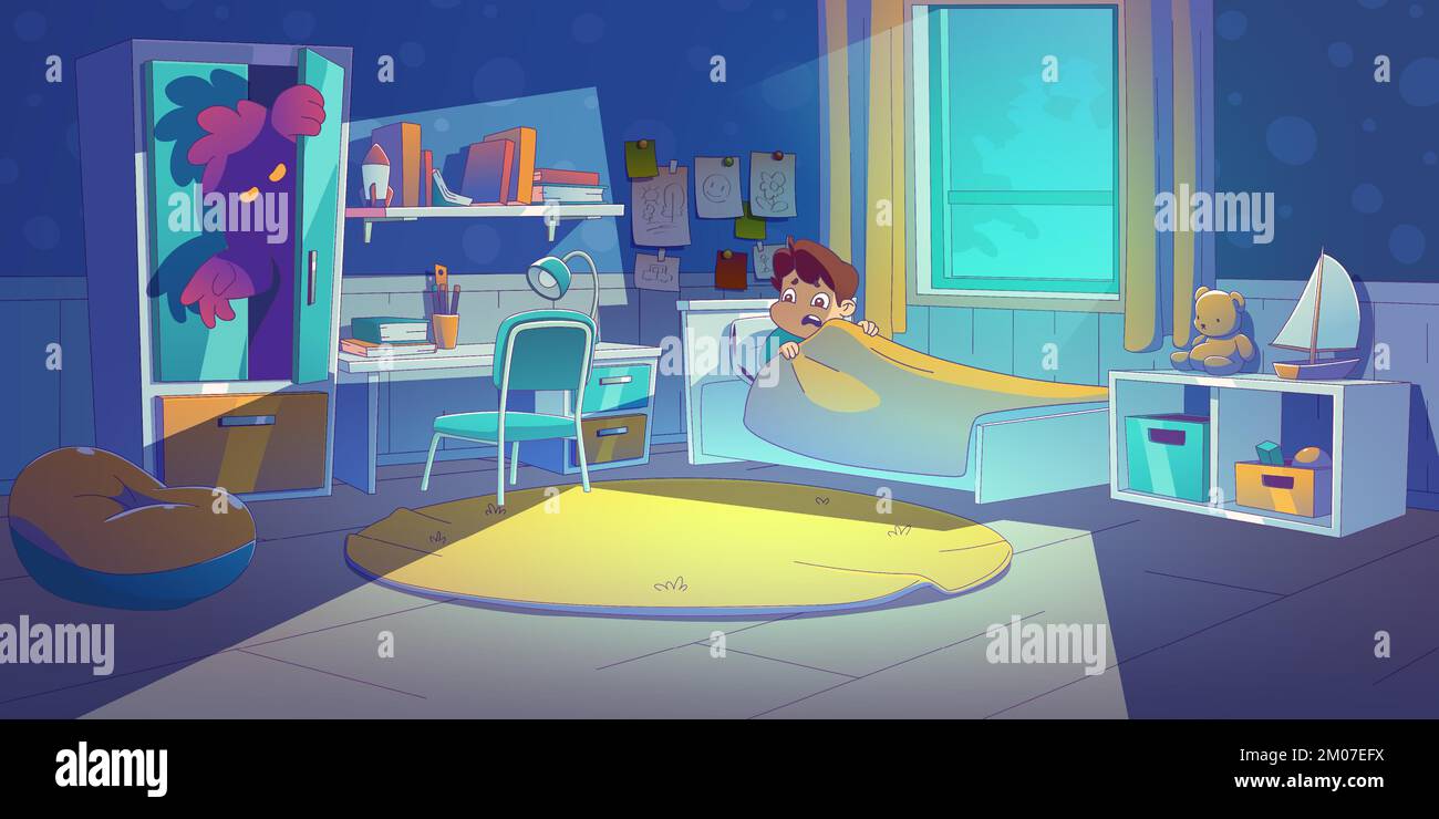 Bambino a letto sentirsi paura a causa di incubo con mostro nascosto nel guardaroba. Fobia del sonno del bambino, insonnia. Bambino che si nasconde sotto coperta da una bestia soffice e cremosa, illustrazione vettoriale piatta lineare Cartoon Illustrazione Vettoriale