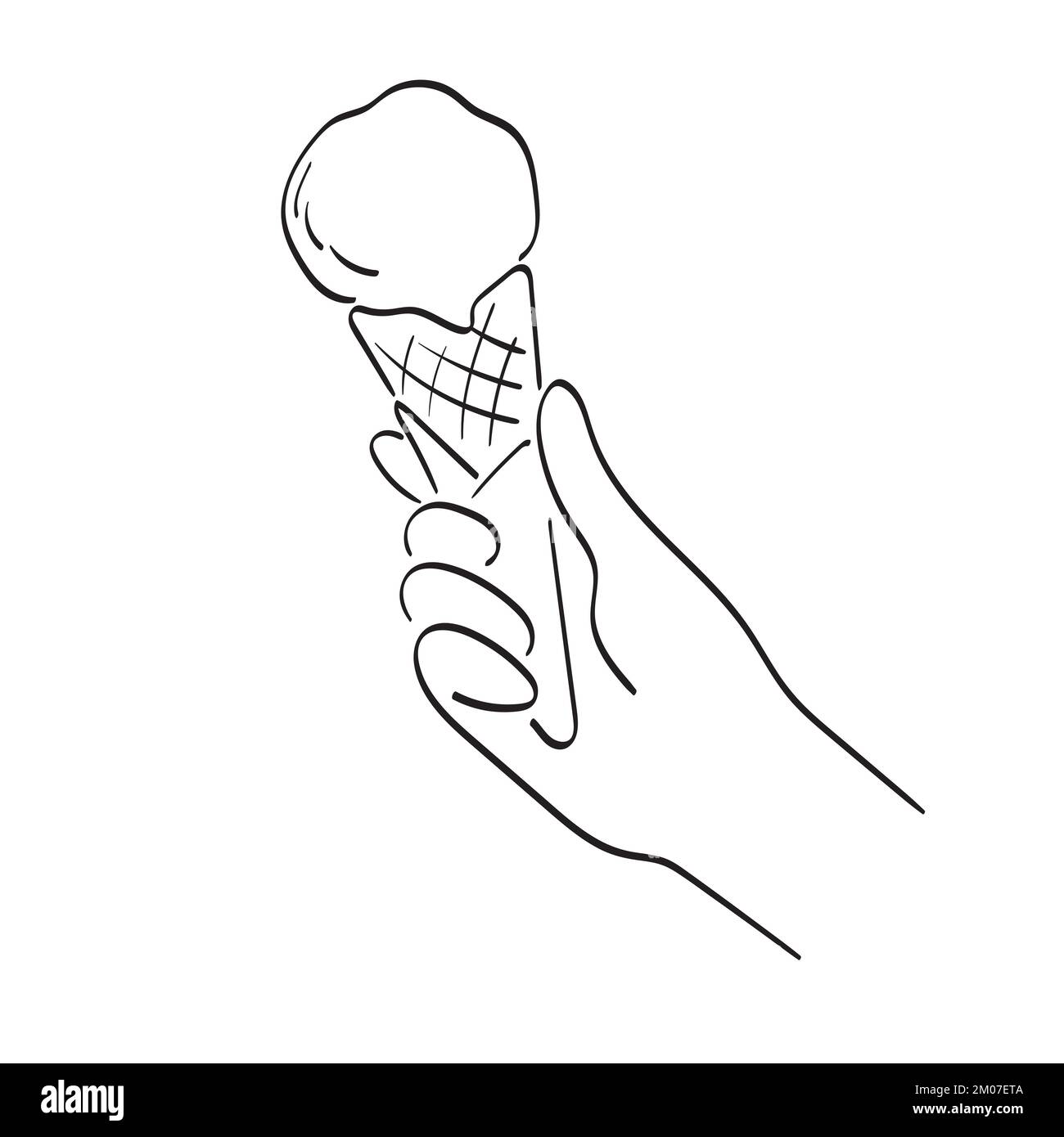 closeup mano che tiene cono gelato illustrazione vettore disegnato a mano isolato su sfondo bianco linea art.. Illustrazione Vettoriale
