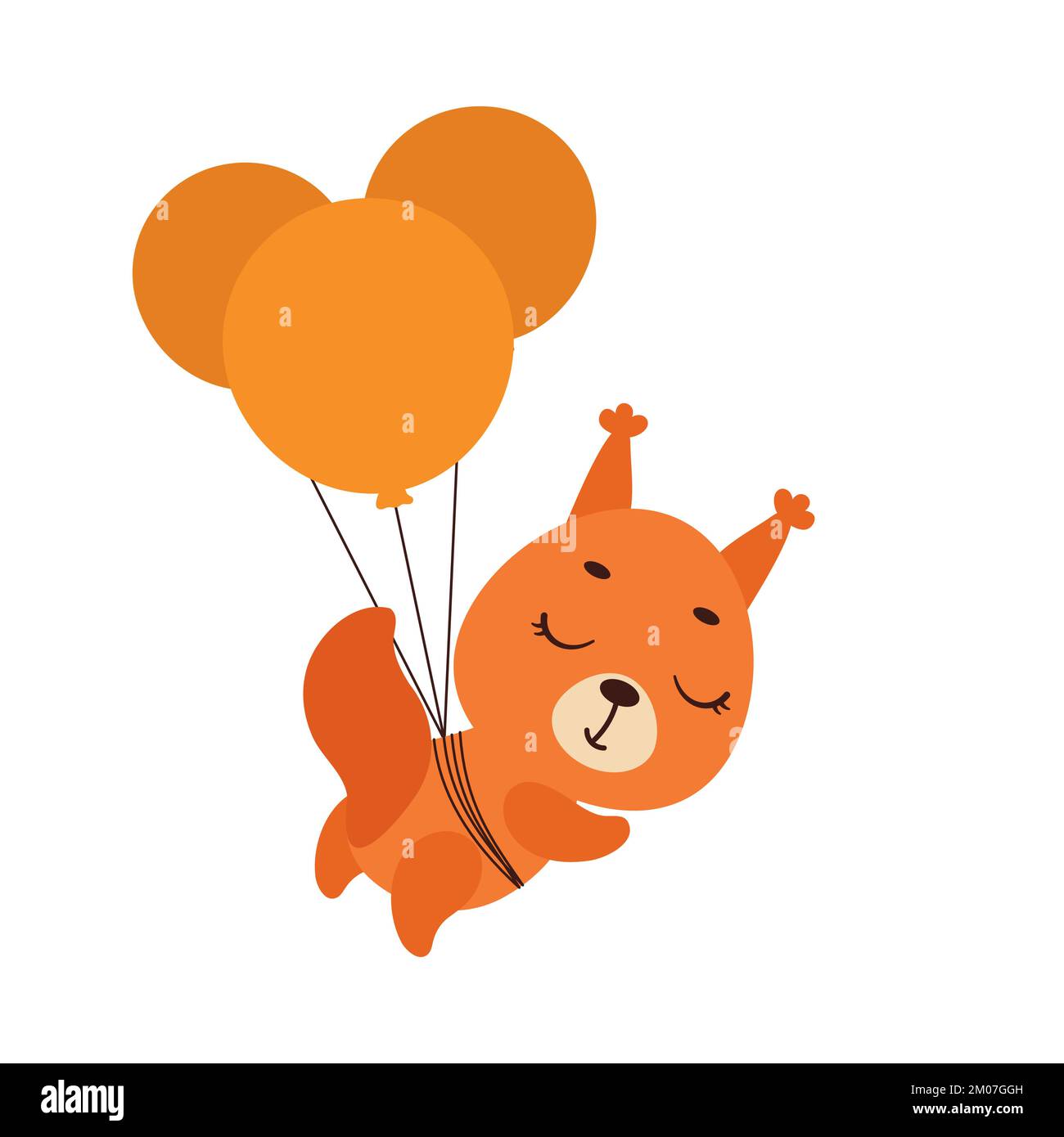 Carino scoiattolo piccolo che vola su palloncini. Cartoon personaggio animale per bambini t-shirt, decorazione asilo, doccia bambino, biglietto di auguri, invito, casa Illustrazione Vettoriale