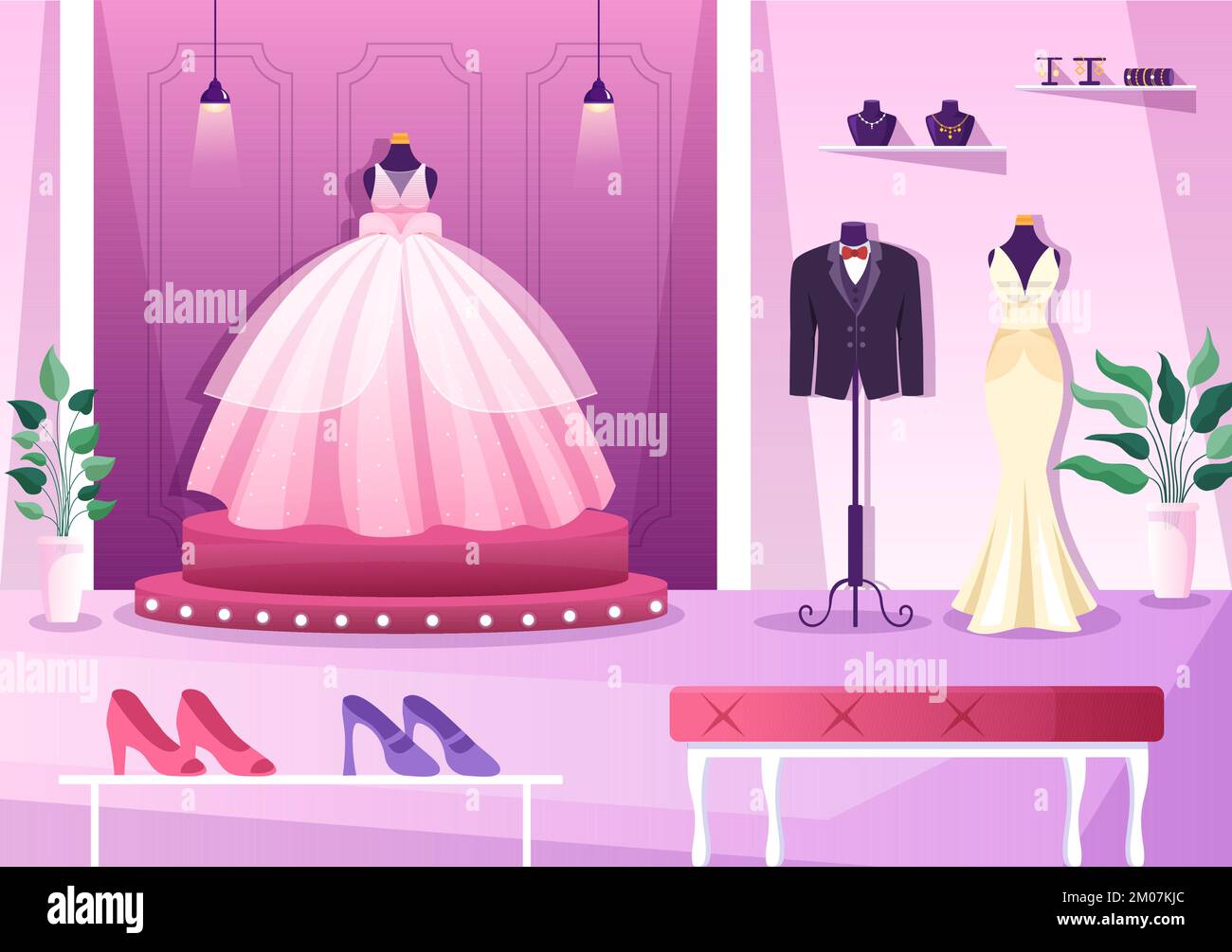 Negozio di nozze con gioielli, belle abiti sposa e accessori adatti per Poster in Cartoon piano modello disegnato a mano Illustrazione Illustrazione Vettoriale
