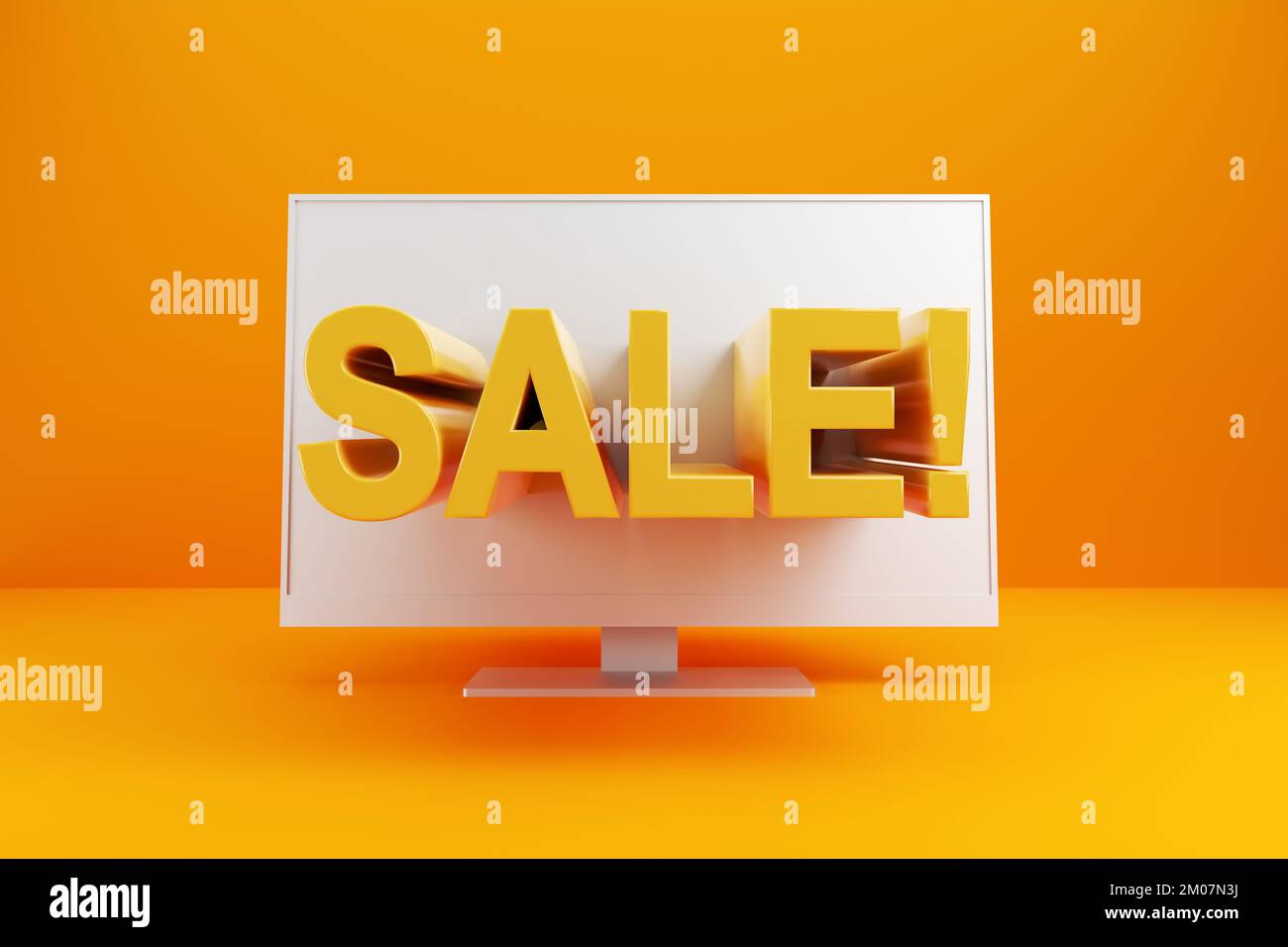 Vendita al dettaglio sconto shopping concetto. La parola VENDITA che esce dallo schermo del computer del pc. Rendering 3D. Foto Stock