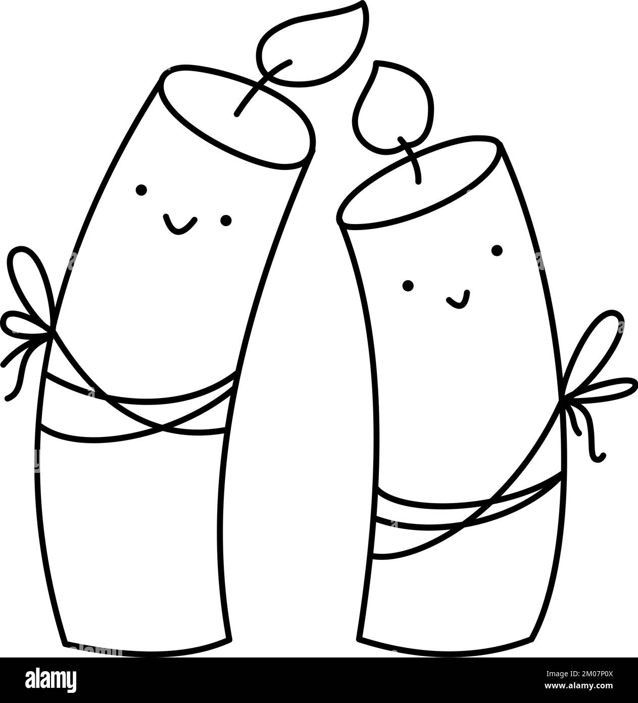 Coppia di amore felice sorridente romantico doodle candele brucianti. Illustrazione di natale della linea vettoriale. Coppia di elementi carini per il design invernale. Gioia e. Illustrazione Vettoriale