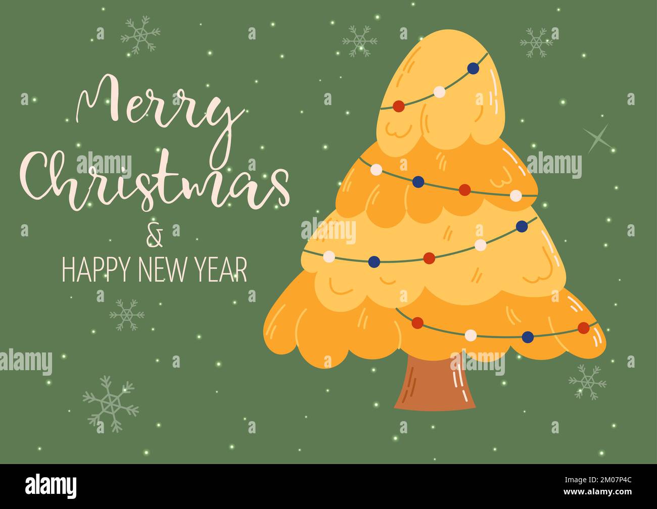 Carta di Natale groovy con albero di natale. Concetto di celebrazione di Natale e Capodanno. Ideale per biglietti d'auguri, inviti, banner, web design. Illustrazione Vettoriale