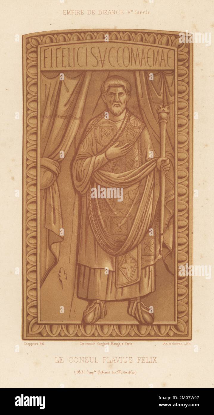 Flavio Felix, generale e console dell'Impero Romano d'Occidente, morì nel 430. Dal suo intagliato avorio consolare dyptich. Impero Bizantino, 5th ° secolo. Le Consul Flavius Felix. Empire de Bizance, Ve Siecle. Cabinet des Medailles, Bibliotheque Imperiale. Chromolithograph di Franz Kellerhoven dopo un'illustrazione di Claudius Joseph Ciappori da Les Arts Somptuaires di Charles Louandre, The Sumputary Arts, Hangard-Mauge, Parigi, 1858. Foto Stock Flavio Felix, generale e console dell'Impero Romano d'Occidente, morì nel 430. Dal suo intagliato avorio consolare dyptich. Impero Bizantino, 5th ° secolo. Le Consul Flavius Felix. Empire de Bizance, Ve Siecle. Cabinet des Medailles, Bibliotheque Imperiale. Chromolithograph di Franz Kellerhoven dopo un'illustrazione di Claudius Joseph Ciappori da Les Arts Somptuaires di Charles Louandre, The Sumputary Arts, Hangard-Mauge, Parigi, 1858. Foto Stock
