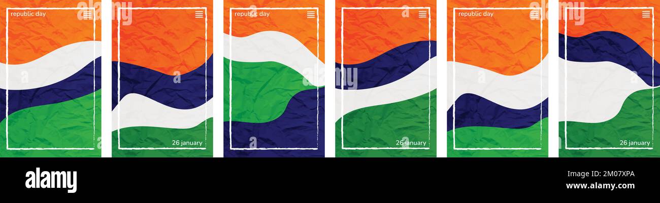 India Republic Day. 26 gennaio Flag tema tonalità carta schiacciata verticale sfondo modello cornice. Set di 6 collezioni di colori. Sfondo dell'interfaccia utente C Illustrazione Vettoriale