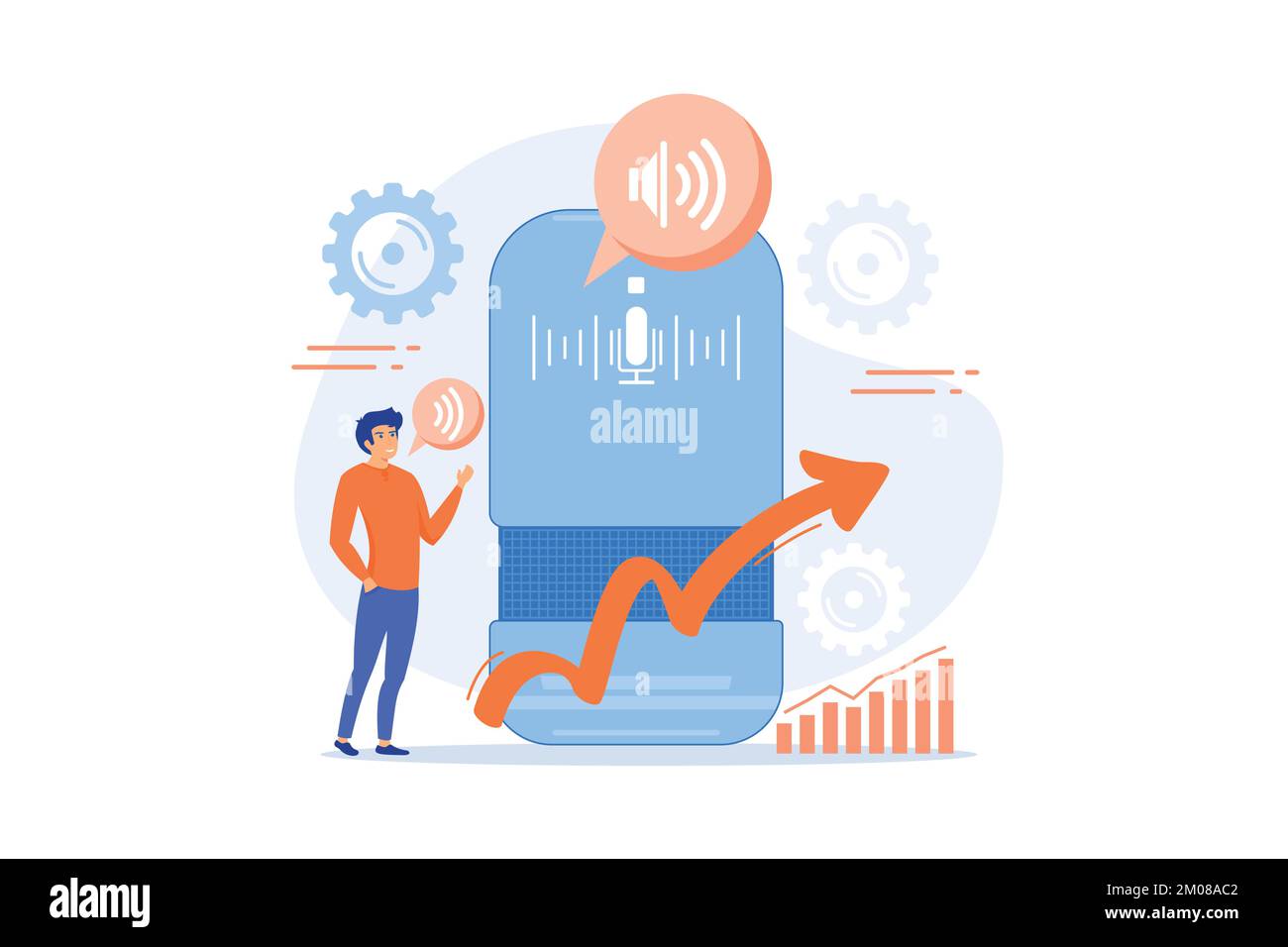 Altoparlante intelligente con controllo vocale e conversazione dell'utente. Hub di controllo principale per uffici domestici intelligenti, tecnologia IoT e dispositivi digitali a controllo vocale. Illustrazione Vettoriale