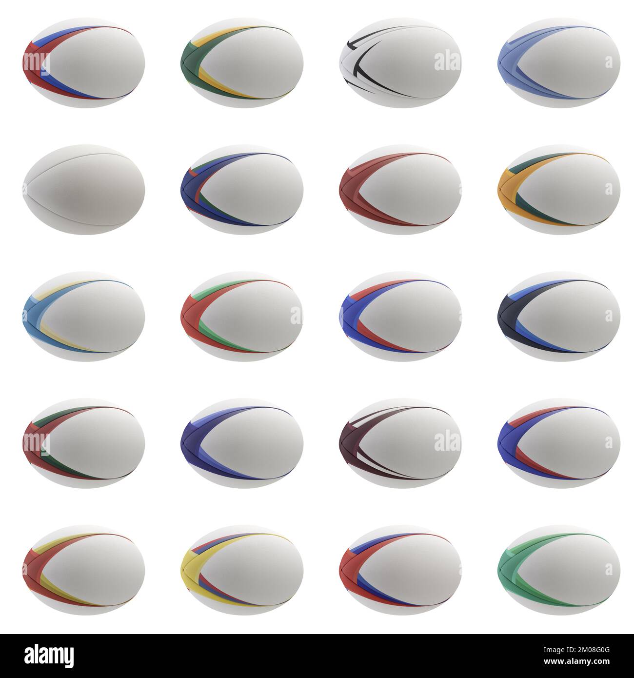 Una collezione di palline di rugby testurizzate bianche con elementi di design di vari colori su uno sfondo isolato - rendering 3D Foto Stock