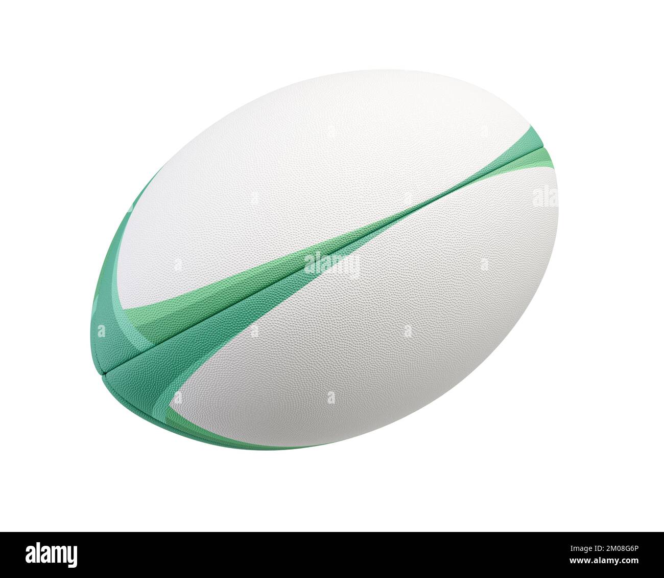 Una palla rugby bianca testurizzata con elementi di design colorati su uno sfondo isolato - rendering 3D Foto Stock