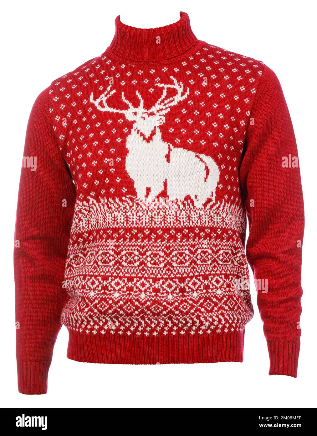 Maglione rosso a maglia di Natale con motivo ornamento di cervo (aka Ugly Sweater) isolato su sfondo bianco Foto Stock