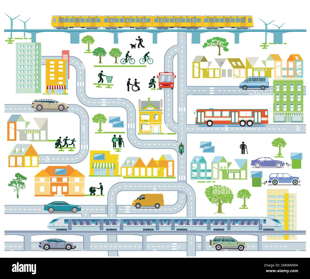 Mappa della città con il traffico e le case, illustrazione delle informazioni Illustrazione Vettoriale