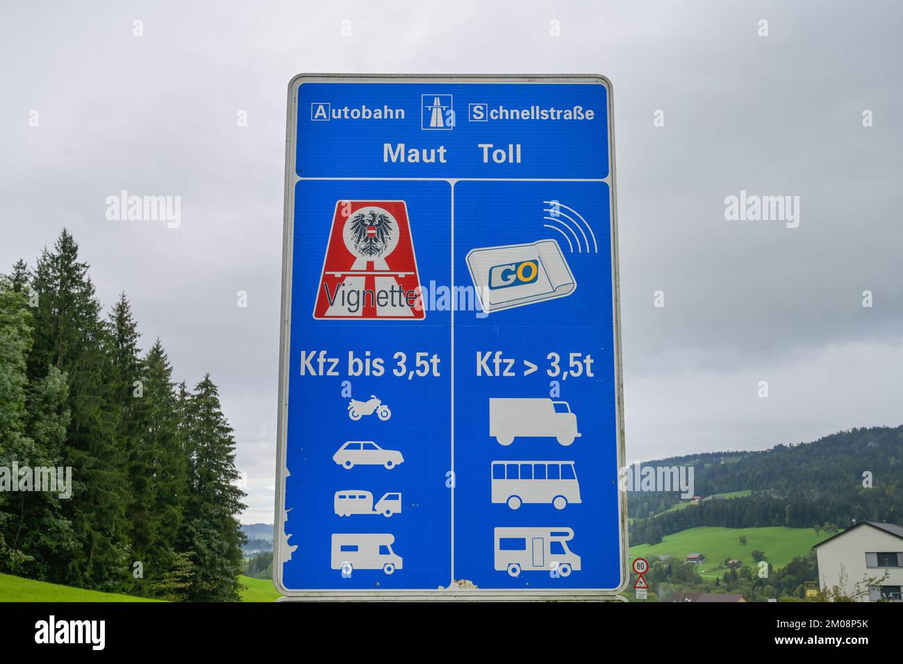 Maut Schild, Grenze, Vorarlberg, Österreich Foto Stock