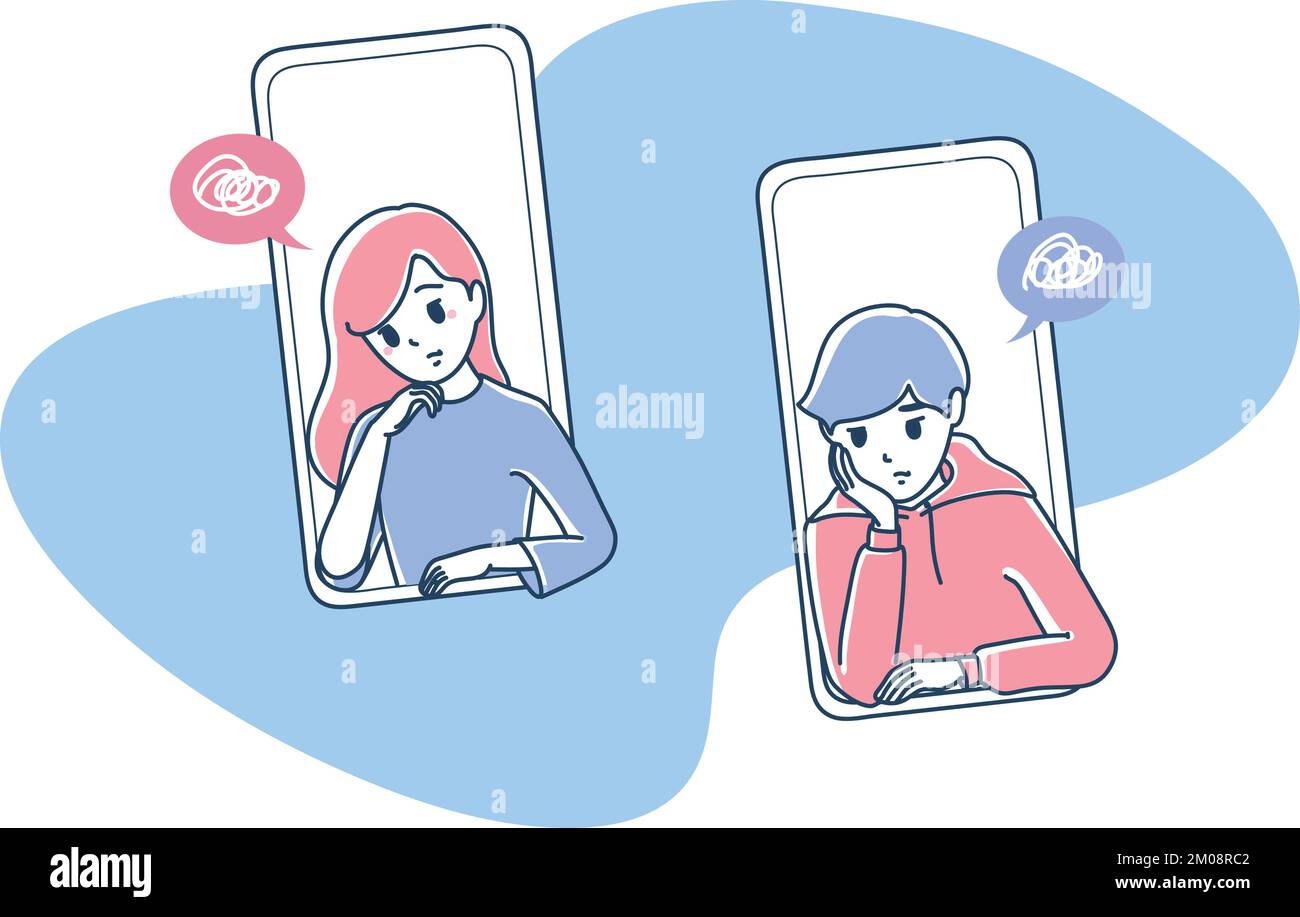 Uomini e donne che sono preoccupati mentre chiacchierano online utilizzando il loro telefono cellulare. Illustrazione Vettoriale