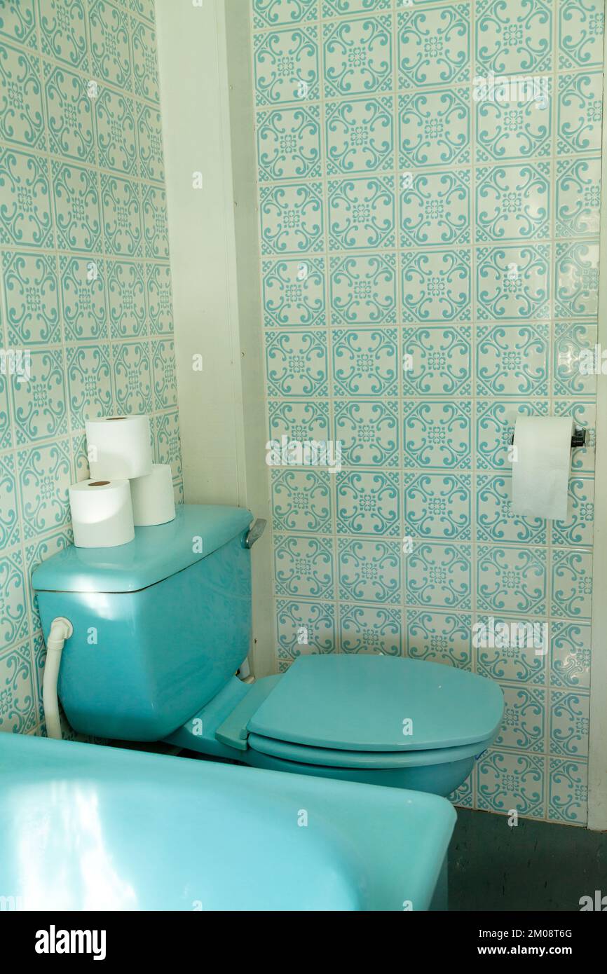 Suite con bagno e piastrelle dai colori retrò Foto Stock