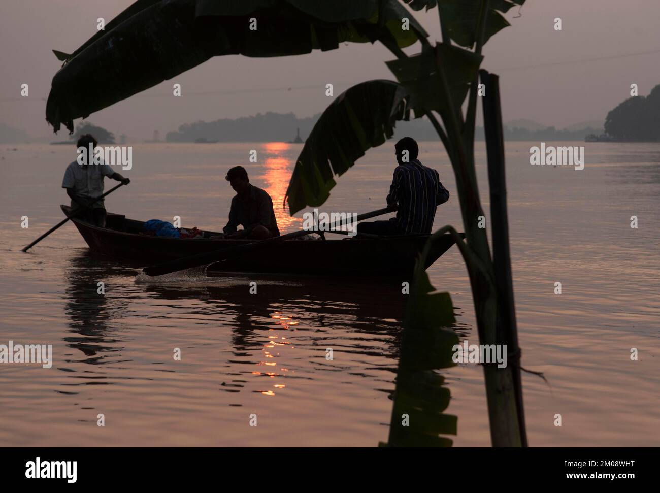 La barca dei pescatori passa accanto ad un albero di banana insstraled per il festival imminente di Chhath Puja, nel fiume di Brahmaputra, in Guwahati il giovedì, 27 ottobre Foto Stock