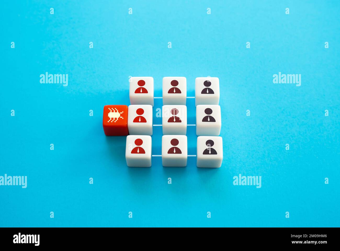 Il virus informatico infetta il team attraverso un membro. Sicurezza del sistema aziendale. Malware. Innovazione nella difesa di rete. Buchi di sicurezza e bug. ESP Foto Stock