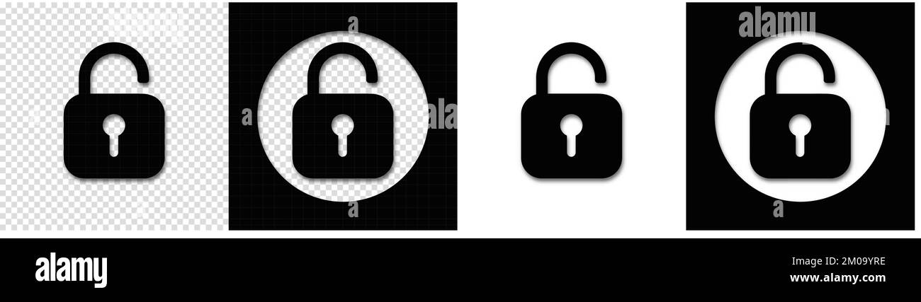 Icone di sblocco impostate. Simbolo e simbolo di sblocco. icona lucchetto sbloccato Illustrazione Vettoriale