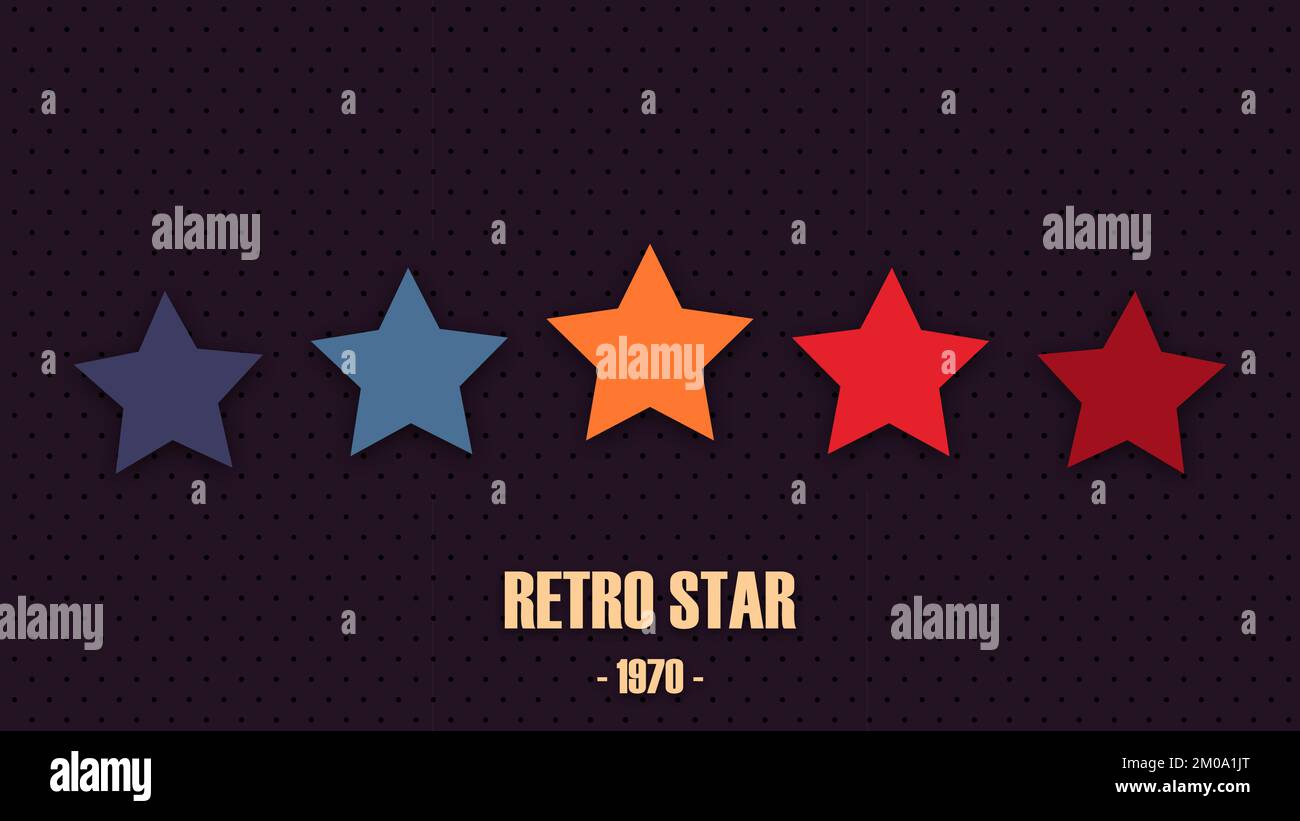 Illustrazione vettoriale in stile 1970s 1980s 1960s. Stelle colorate in stile retrò su uno sfondo forato. Concetto di feedback per app mobile o noi Illustrazione Vettoriale