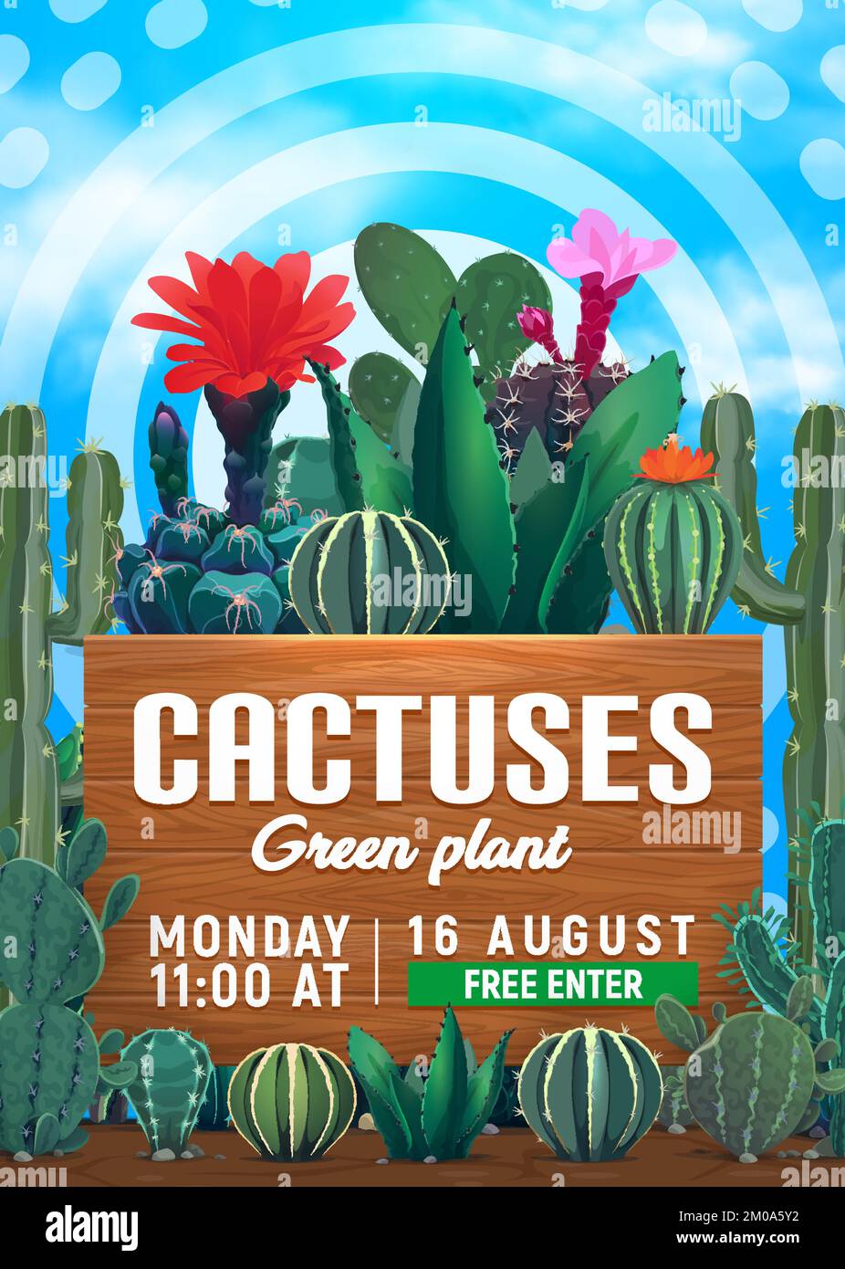 Poster negozio di fiori. Cactus e succulenti vendita negozio di banner o flyer vettore pubblicità con informazioni di annuncio su tavole di legno. Dessert messicano Cactus fiorito, succulenti prickly Illustrazione Vettoriale