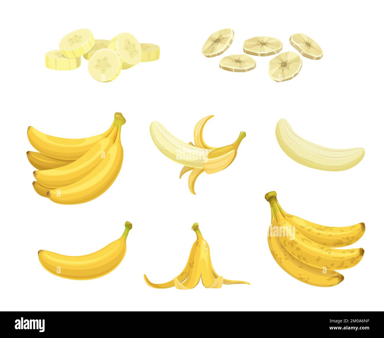 Cartone di banana maturo e spuntini. Buccia di banana, mazzo di frutta tropicale fresca e overmature vettore isolato. Snack tritati e secchi, dieta alimentare naturale e ingrediente nutrizionale sano Illustrazione Vettoriale
