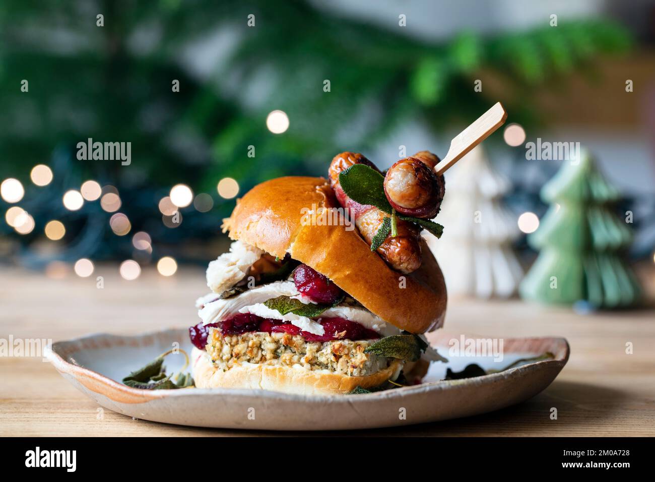 Brioche natalizia con tacchino, ripieno, salsa di mirtilli rossi e maiali in coperte Foto Stock