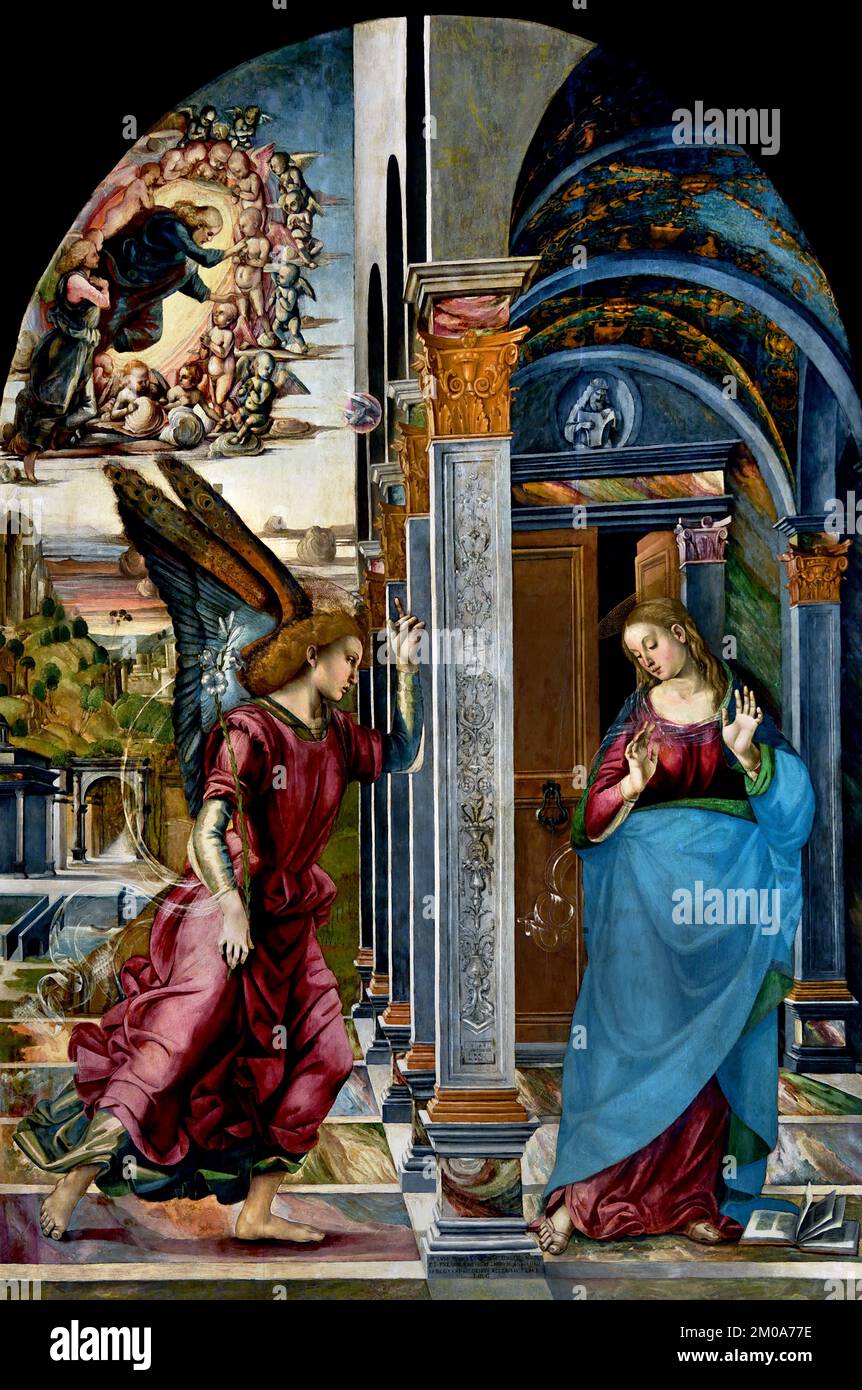 Annunciazione 1491 di Luca Signorelli ( 1441/1445 – 16 ottobre 1523) pittore rinascimentale italiano di Cortona in Toscana Italia, italiano, Annunciazione, rappresenta la storia biblica, in cui, Arcangelo Gabriele, annuncia alla Vergine Maria, che è stata scelta per essere la madre di Gesù, nascita di Cristo, Foto Stock