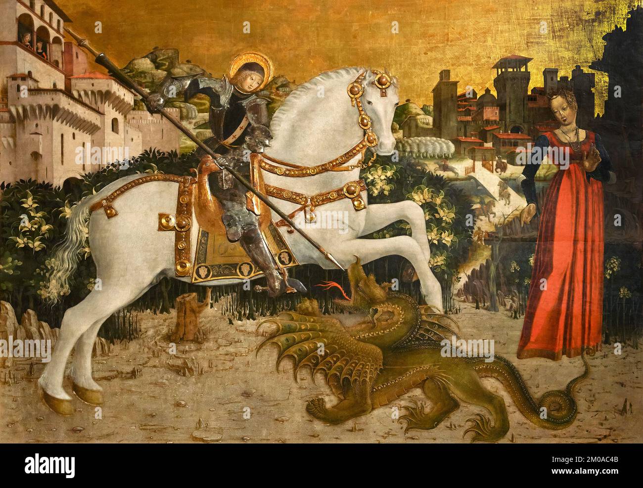 San Giorgio e il drago - tempera su tavola, oro a guazzo e lamina d'argento - pittore bresciano nel 1460/1465 - Brescia, Pinacoteca Tosio Martinengo Foto Stock