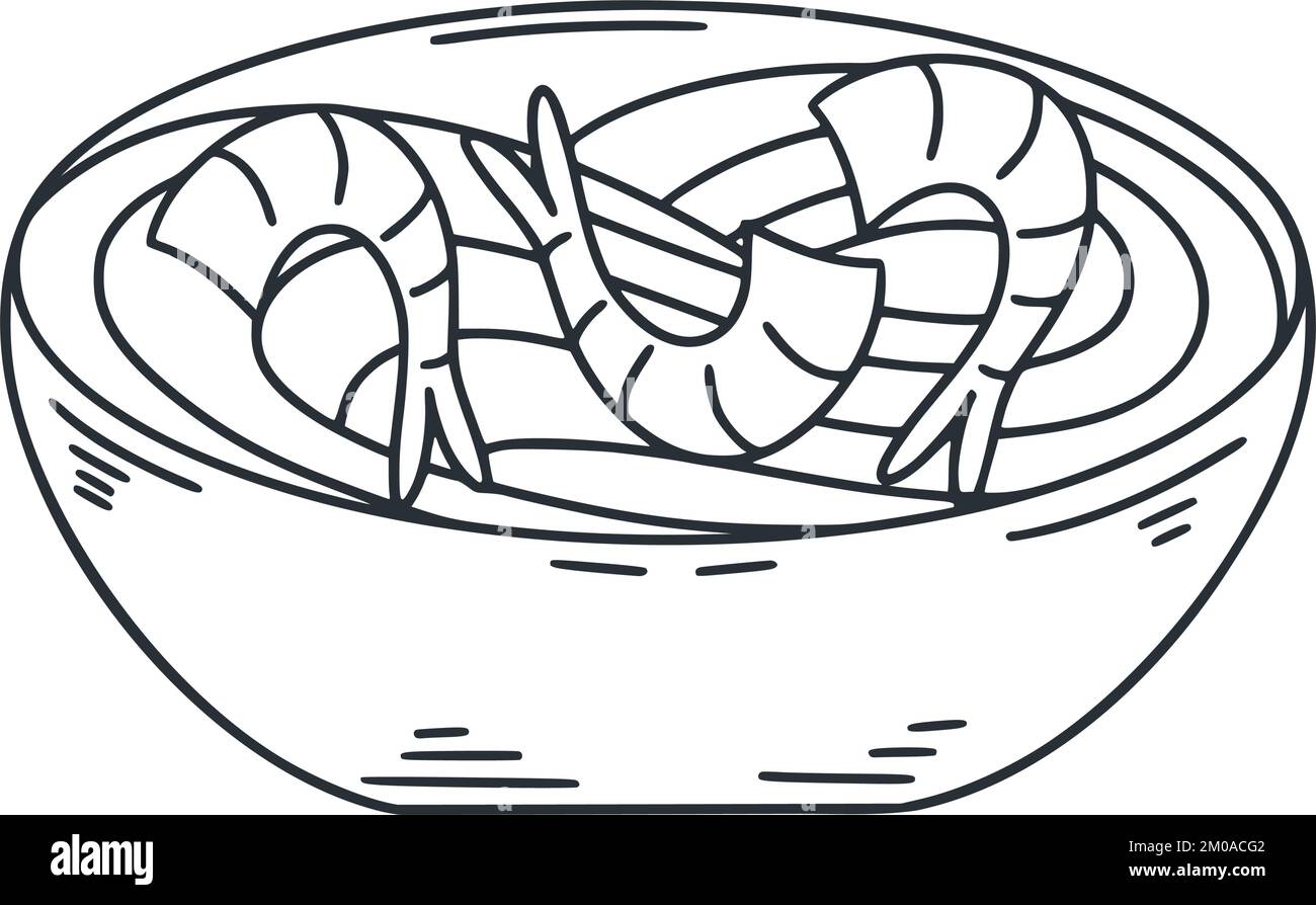 Spaghetti di udon giapponesi con illustrazione di spaghetti di gamberetti. Contorno semplice tradizionale piatto asiatico di pesce. Vettore di cibo asiatico Illustrazione Vettoriale