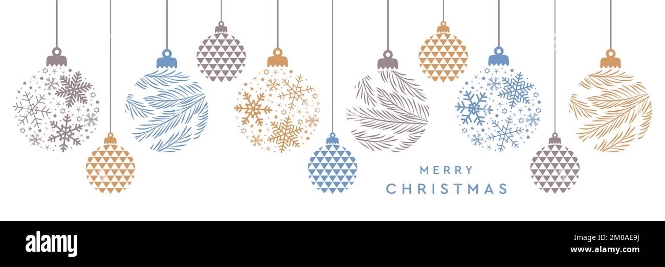 buon biglietto di natale con palle penzolante decorazione abete disegno twig Illustrazione Vettoriale
