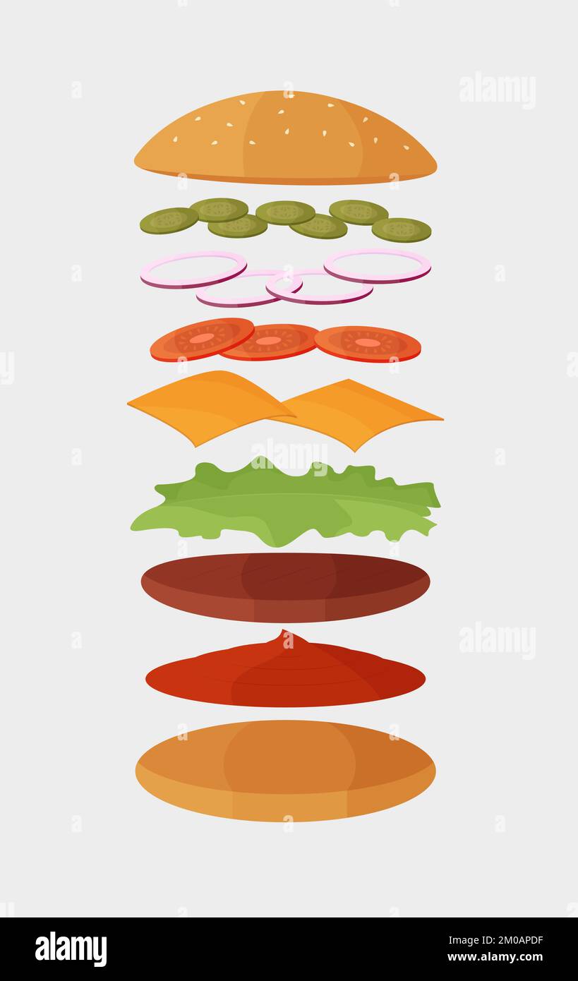 Ingredienti per hamburger. Panino, cotoletta, pomodori, cetrioli, cipolle, formaggio, ketchup e lattuga. Illustrazione vettoriale di icone piatte su sfondo bianco. Illustrazione Vettoriale
