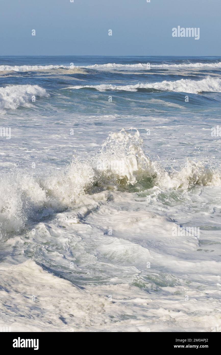 Acqua turbolenta e schiumosa sull'Oceano Pacifico durante una marea reale a Yachats, Oregon. Foto Stock