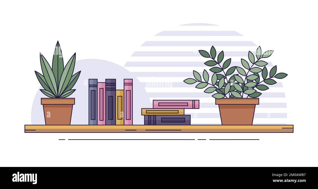 Libreria. Scaffale per libri con piante in vaso. Illustrazione vettoriale in stile piatto. Illustrazione Vettoriale
