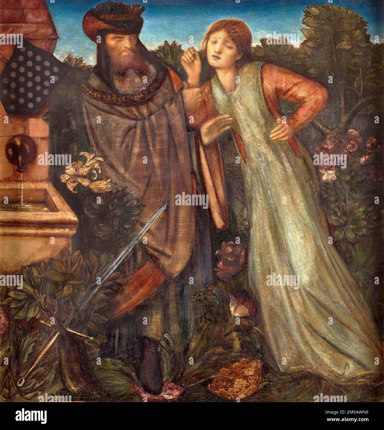 Re Marco e la Belle Iseult di Edward Burne-Jones (1862) Mark invia Tristan come suo proxy per portare la sua giovane sposa, la principessa Iseult, dall'Irlanda. Tristan e Iseult si innamorano e, con l'aiuto di una pozione magica, hanno una delle cose d'amore più tempestose della letteratura medievale. Foto Stock