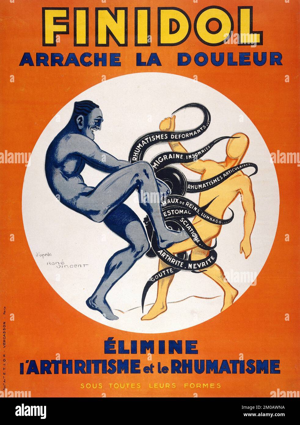 Poster pubblicitario d'epoca - Un uomo che rappresenta il rimedio Finidol salva un altro uomo dalle grinfie di un polpo - René Vincent (1879–1936) Foto Stock