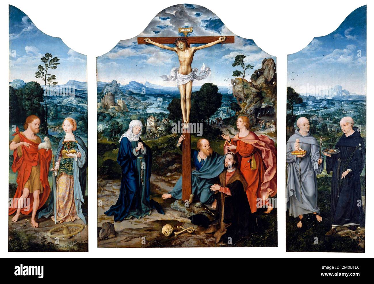 La Crocifissione con i Santi e un donatore di Joos Van Cleve, olio su legno, c.1520 Foto Stock