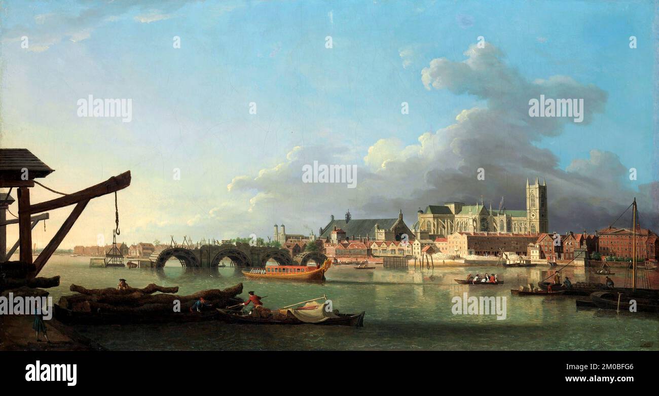 The Building of Westminster Bridge by Samuel Scott, (1701/2-1772), oil on canvas, c. 1742 Foto Stock