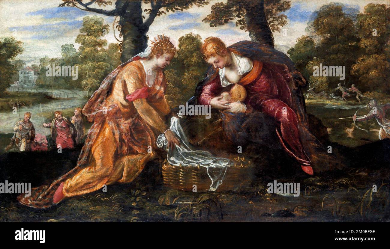 Tintoretto. Dipinto intitolato il ritrovamento di Mosè di Jacopo Tintoretto (c.1518-1594), olio su tela Foto Stock