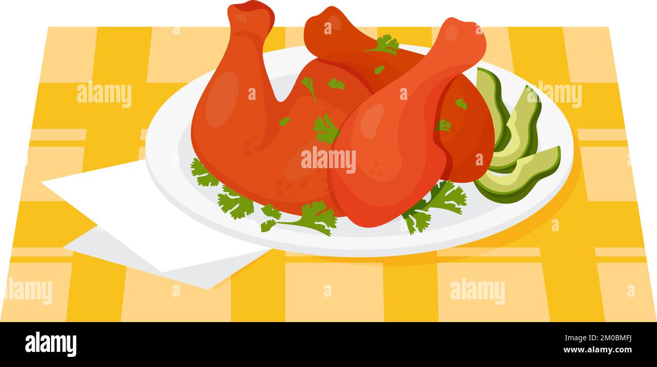 Cucina messicana alla griglia con Achiote Chicken. Cosce di pollo marinate in stile yucatan con ahiote su piatto con fettine di avocado e prezzemolo. Illustrazione vettoriale o Illustrazione Vettoriale Cucina messicana alla griglia con Achiote Chicken. Cosce di pollo marinate in stile yucatan con ahiote su piatto con fettine di avocado e prezzemolo. Illustrazione vettoriale o Illustrazione Vettoriale