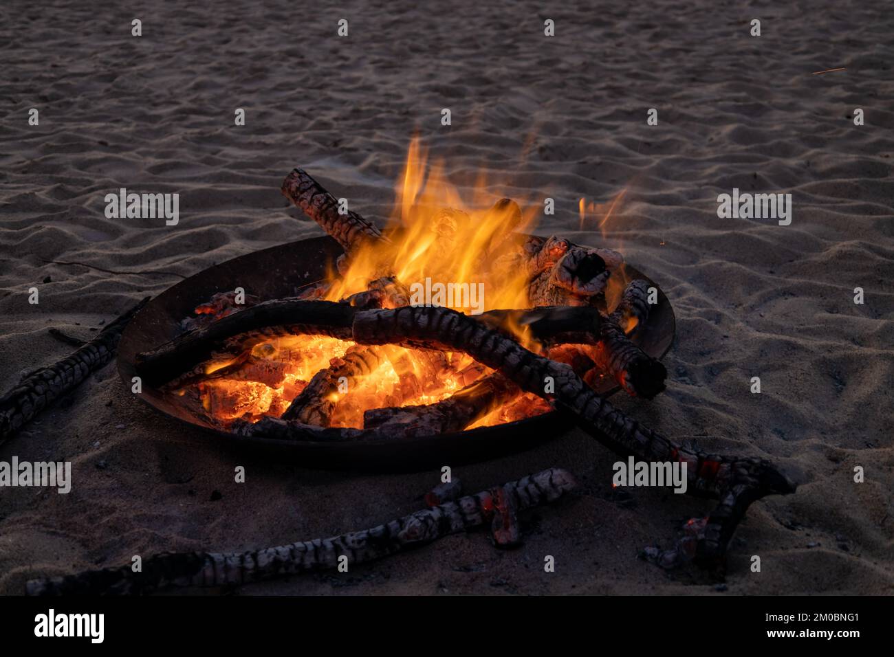Falò su una spiaggia. Raccolta dal fuoco al tramonto. Attività di vacanza. Foto Stock