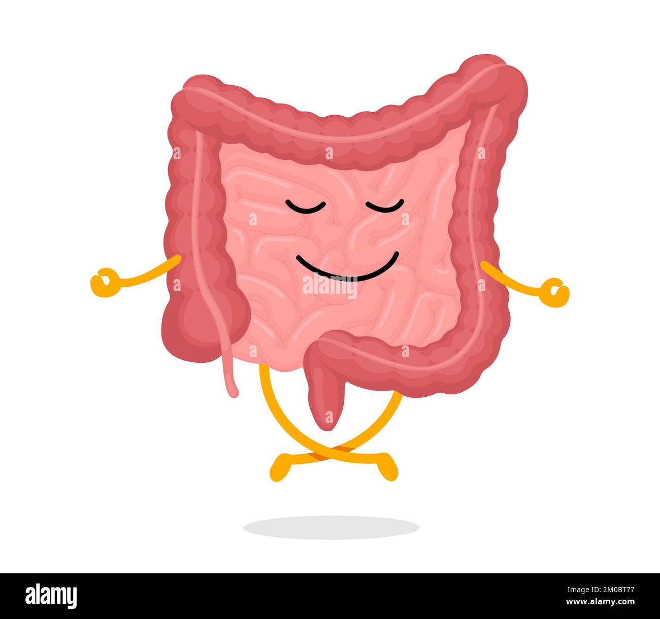 Carino cartone animato sano intestino umano carattere rilassamento meditate. Divertente meditazione mascotte intestine in posa lotus yoga. Budello di cartone animato buono stato. Intestino interno digestivo calma e relax eps Illustrazione Vettoriale
