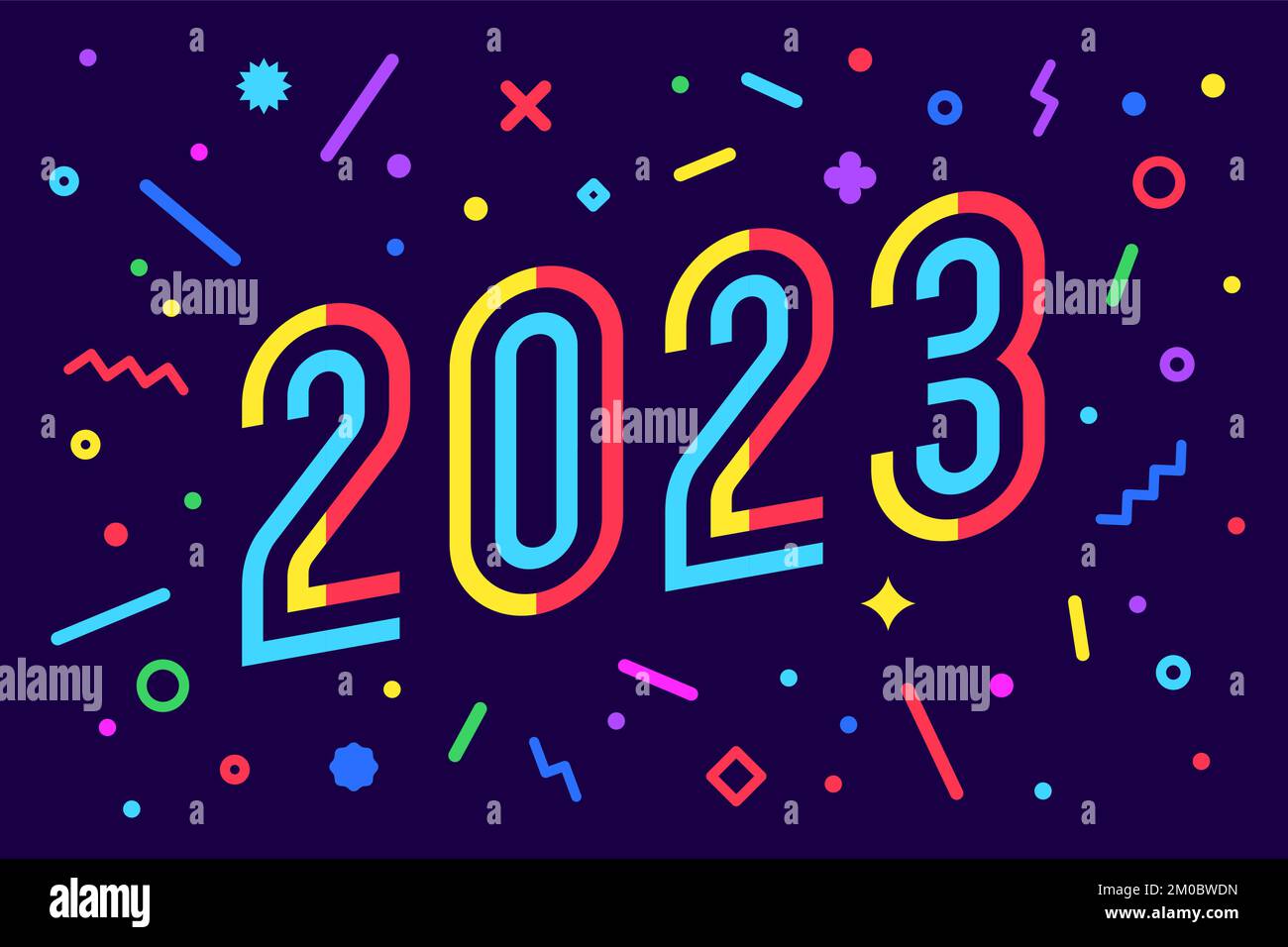 2023, Felice Anno Nuovo. Biglietto d'auguri con 2023 per Felice Capodanno. Stile luminoso e geometrico per Felice anno nuovo o Buon Natale. Sfondo festivo, banner, poster. Illustrazione vettoriale Illustrazione Vettoriale