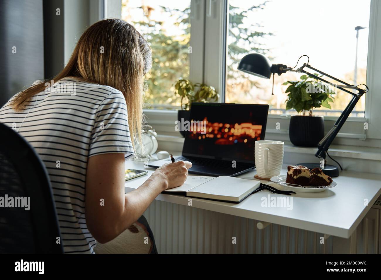 Freelance che lavora in ufficio. Vista posteriore della donna che usa il laptop e la scrittura nel blocco note seduto al tavolo nell'ufficio domestico Foto Stock