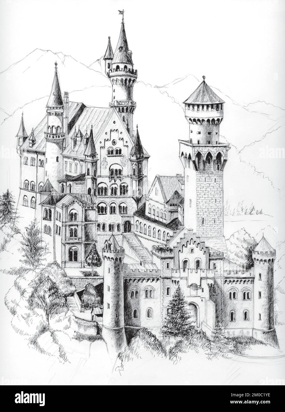 Castello tedesco a mano libera disegnato con penna a sfera Illustrazione Vettoriale