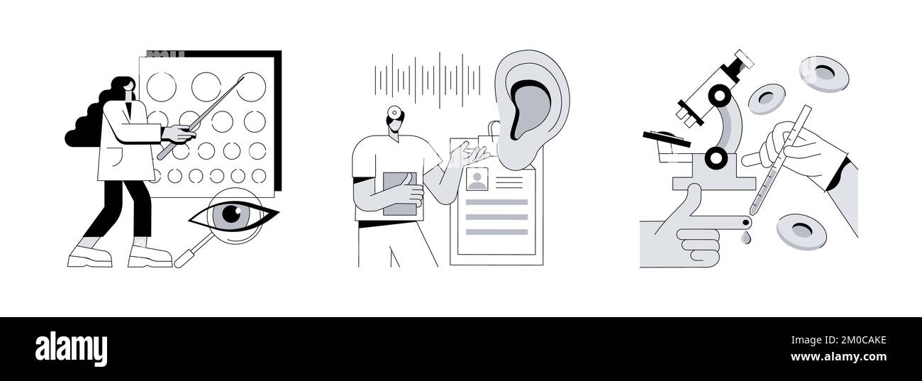 Set di illustrazioni vettoriali per il concetto astratto di assistenza sanitaria del neonato. Screening della vista e dell'udito, diagnosi dell'anemia, cure primarie, esame pediatrico, test per disturbi genetici, metafora astratta della carenza di ferro. Illustrazione Vettoriale