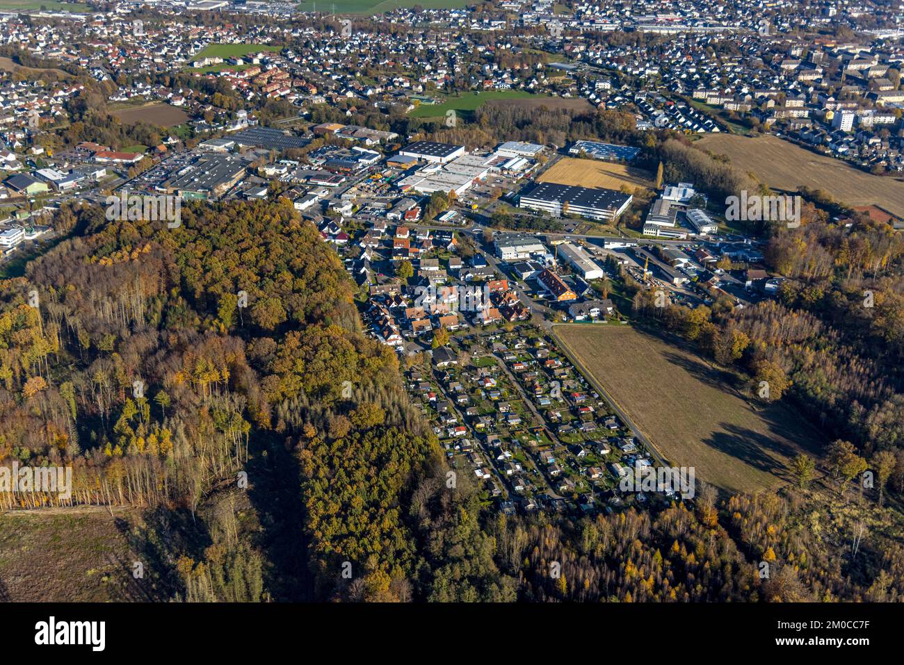 Vista aerea, zona giardino di assegnazione Menden Platte Heide e zona commerciale Holzener Straße nel quartiere Holzen a Menden, Sauerland, Nord Reno-noi Foto Stock